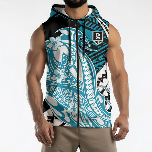 Personalized Port Adelaide Power Sleeveless Zip Hoodie Polynesian Tribal Lightning Bolt Mascot With Hibiscus Floral Art