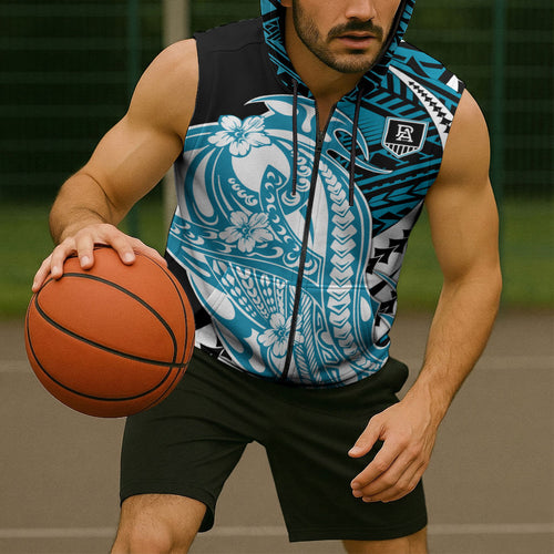 Personalized Port Adelaide Power Sleeveless Zip Hoodie Polynesian Tribal Lightning Bolt Mascot With Hibiscus Floral Art