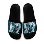 Personalized Port Adelaide Power Slide Sandals Polynesian Tribal Lightning Bolt Mascot With Hibiscus Floral Art