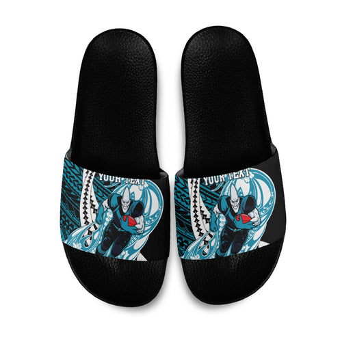 Personalized Port Adelaide Power Slide Sandals Polynesian Tribal Lightning Bolt Mascot With Hibiscus Floral Art