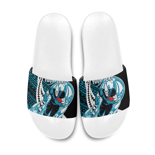 Personalized Port Adelaide Power Slide Sandals Polynesian Tribal Lightning Bolt Mascot With Hibiscus Floral Art