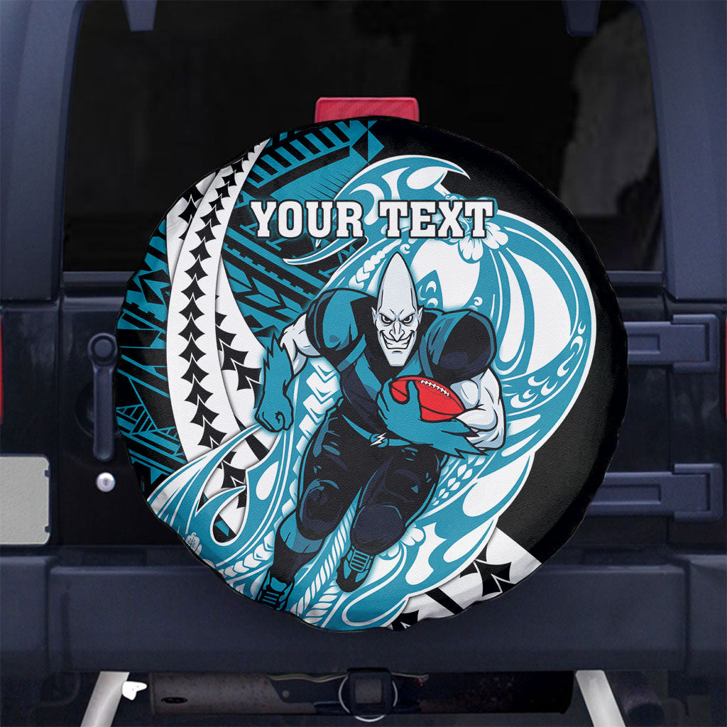 Personalized Port Adelaide Power Spare Tire Cover Polynesian Tribal Lightning Bolt Mascot With Hibiscus Floral Art