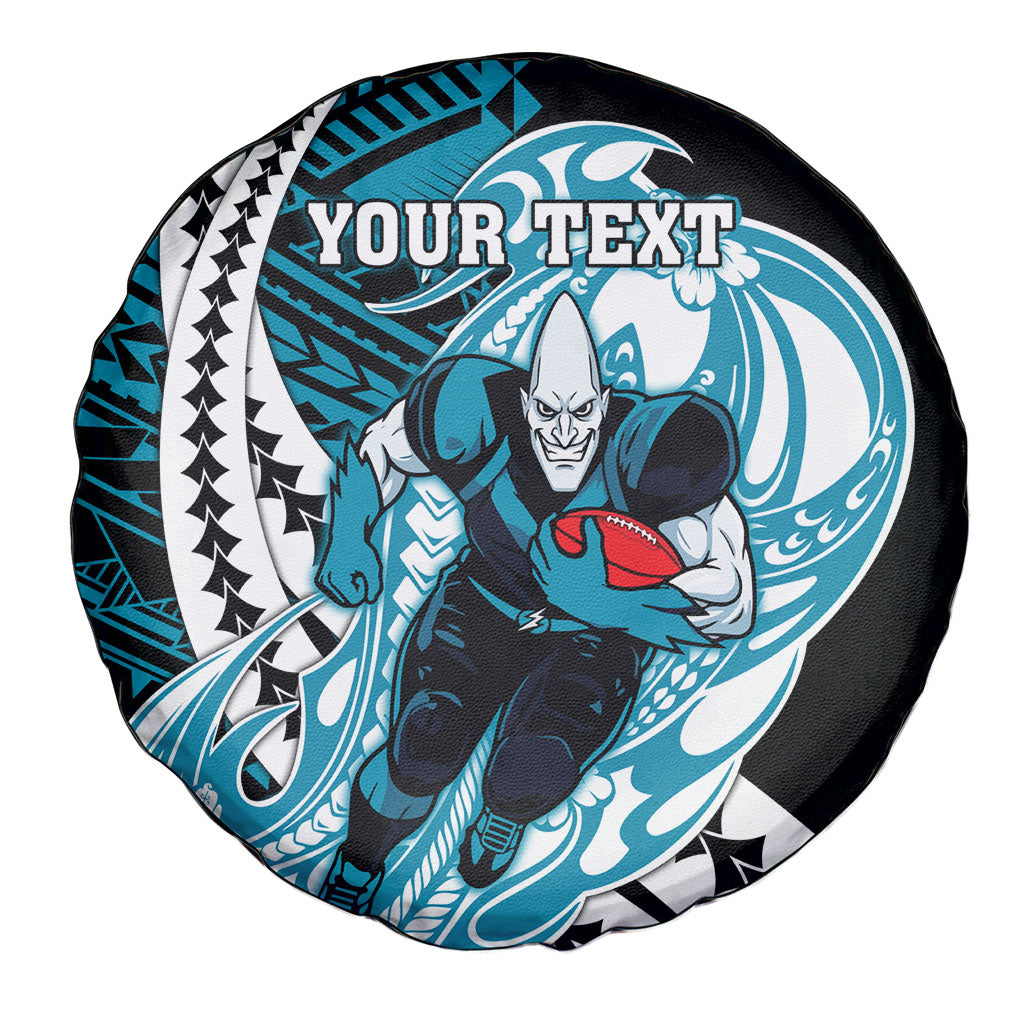 Personalized Port Adelaide Power Spare Tire Cover Polynesian Tribal Lightning Bolt Mascot With Hibiscus Floral Art