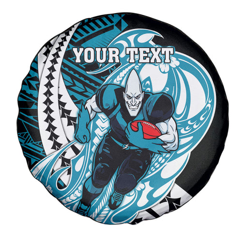 Personalized Port Adelaide Power Spare Tire Cover Polynesian Tribal Lightning Bolt Mascot With Hibiscus Floral Art