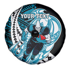 Personalized Port Adelaide Power Spare Tire Cover Polynesian Tribal Lightning Bolt Mascot With Hibiscus Floral Art