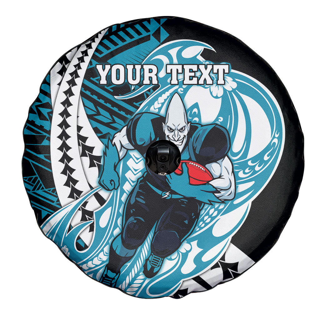 Personalized Port Adelaide Power Spare Tire Cover Polynesian Tribal Lightning Bolt Mascot With Hibiscus Floral Art