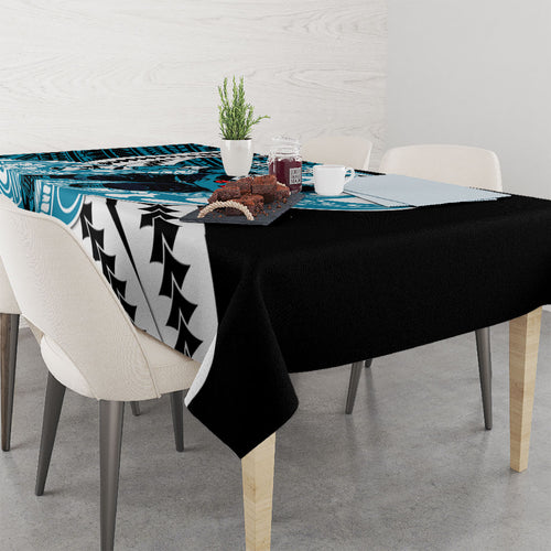 Personalized Port Adelaide Power Tablecloth Polynesian Tribal Lightning Bolt Mascot With Hibiscus Floral Art