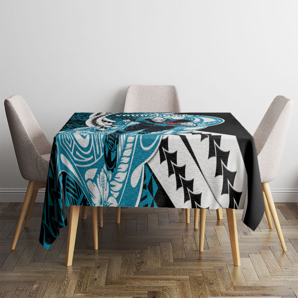 Personalized Port Adelaide Power Tablecloth Polynesian Tribal Lightning Bolt Mascot With Hibiscus Floral Art