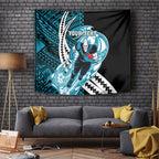 Personalized Port Adelaide Power Tapestry Polynesian Tribal Lightning Bolt Mascot With Hibiscus Floral Art