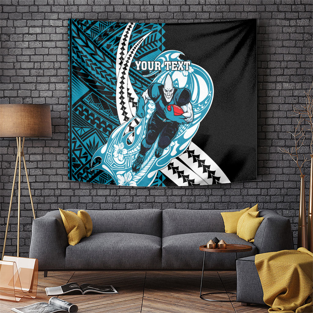 Personalized Port Adelaide Power Tapestry Polynesian Tribal Lightning Bolt Mascot With Hibiscus Floral Art
