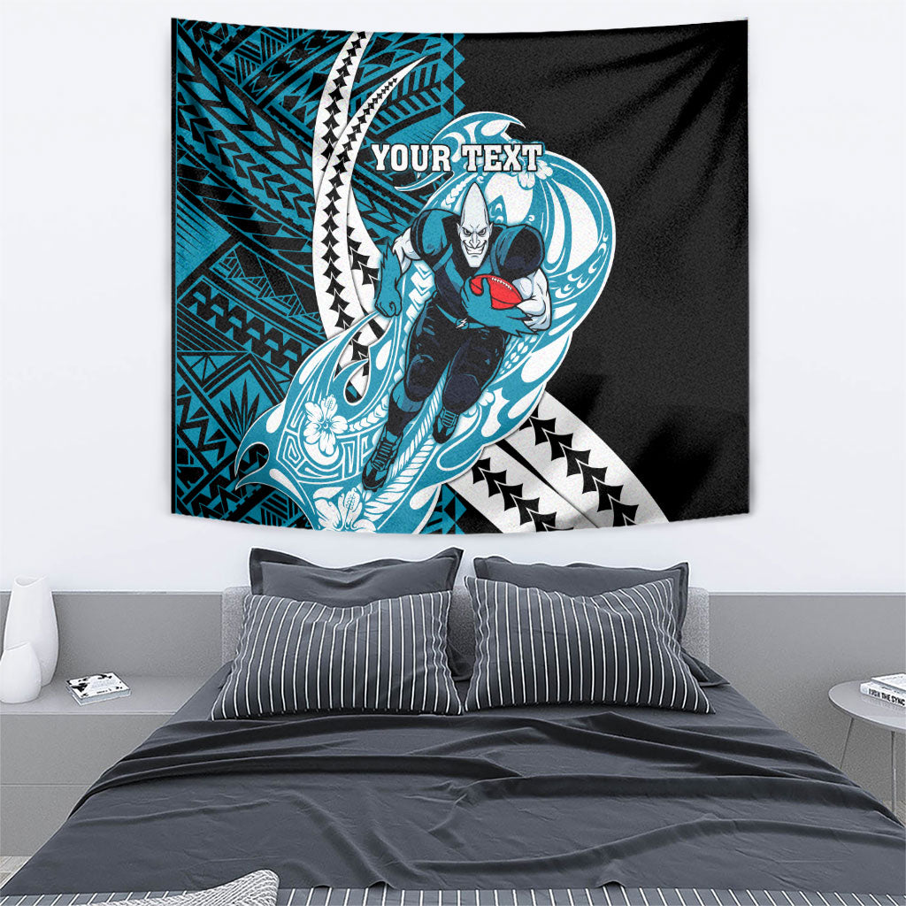 Personalized Port Adelaide Power Tapestry Polynesian Tribal Lightning Bolt Mascot With Hibiscus Floral Art
