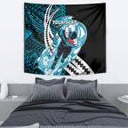 Personalized Port Adelaide Power Tapestry Polynesian Tribal Lightning Bolt Mascot With Hibiscus Floral Art