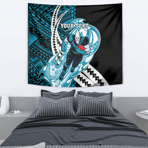 Personalized Port Adelaide Power Tapestry Polynesian Tribal Lightning Bolt Mascot With Hibiscus Floral Art