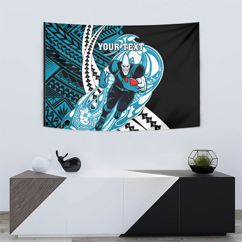 Personalized Port Adelaide Power Tapestry Polynesian Tribal Lightning Bolt Mascot With Hibiscus Floral Art