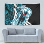 Personalized Port Adelaide Power Tapestry Polynesian Tribal Lightning Bolt Mascot With Hibiscus Floral Art