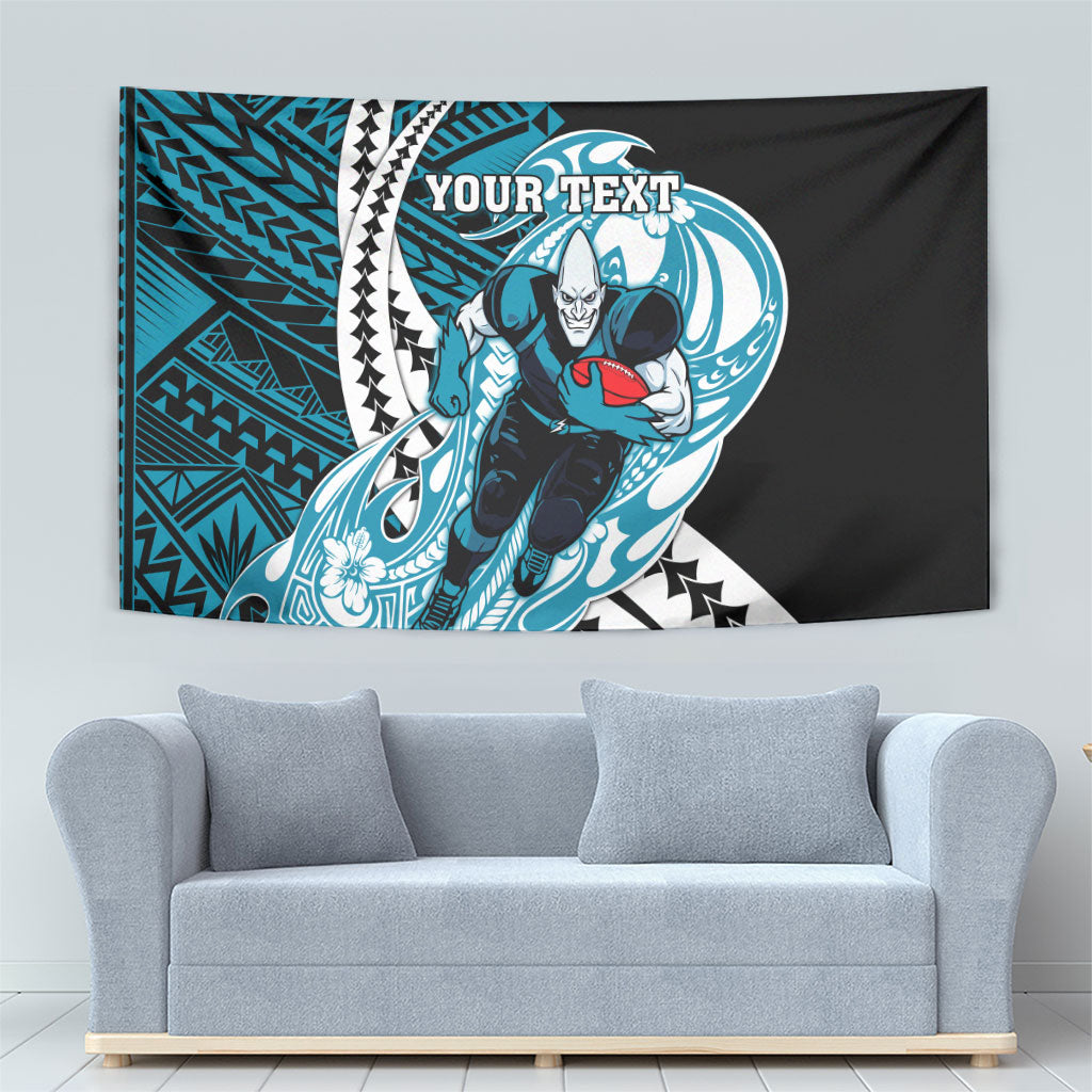 Personalized Port Adelaide Power Tapestry Polynesian Tribal Lightning Bolt Mascot With Hibiscus Floral Art