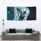 Personalized Port Adelaide Power Tapestry Polynesian Tribal Lightning Bolt Mascot With Hibiscus Floral Art