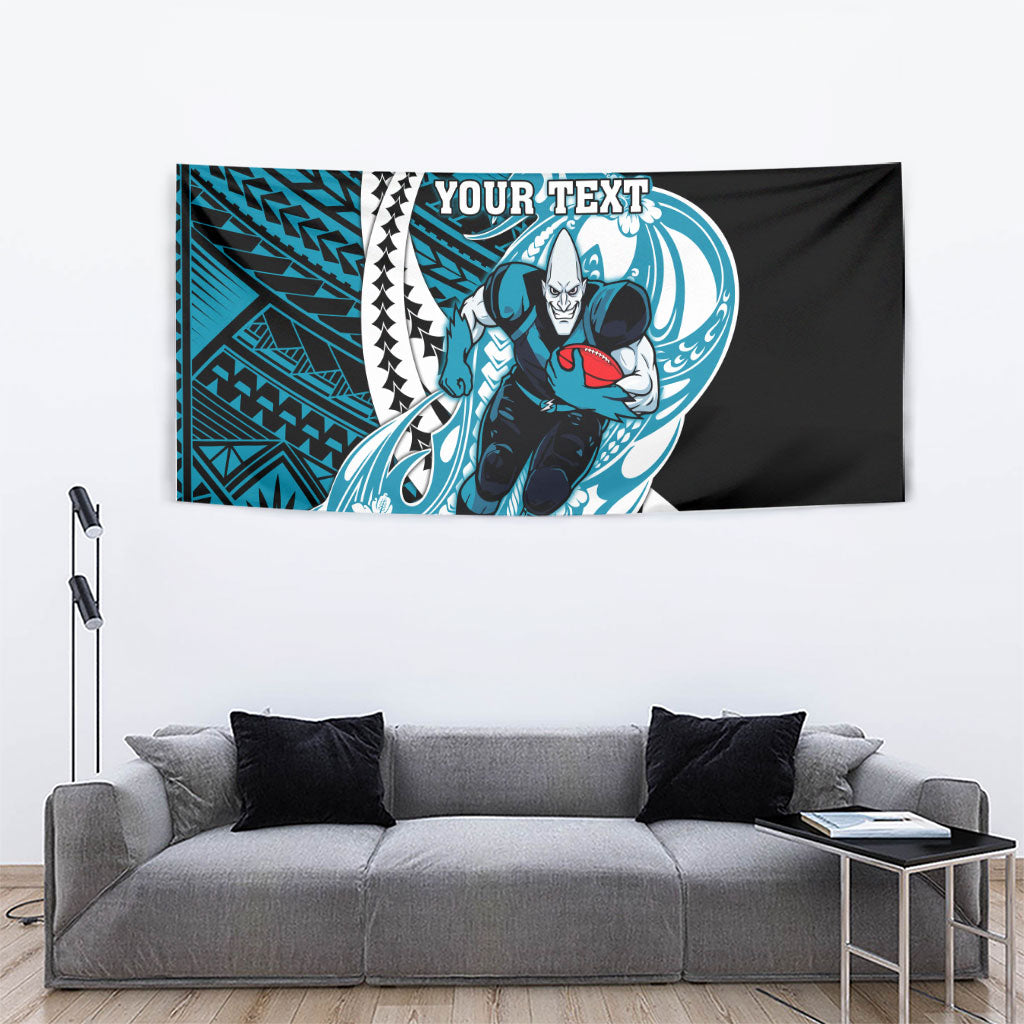 Personalized Port Adelaide Power Tapestry Polynesian Tribal Lightning Bolt Mascot With Hibiscus Floral Art
