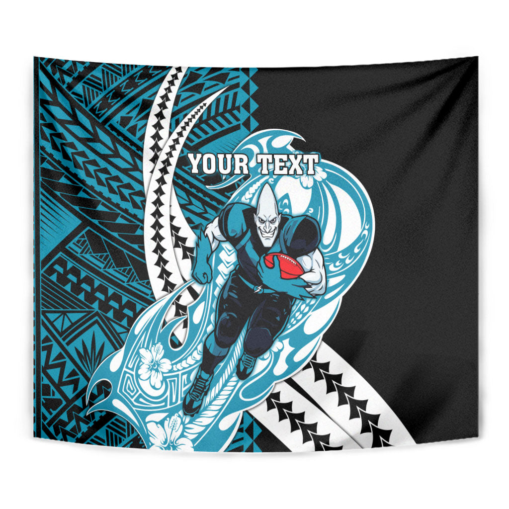 Personalized Port Adelaide Power Tapestry Polynesian Tribal Lightning Bolt Mascot With Hibiscus Floral Art
