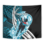 Personalized Port Adelaide Power Tapestry Polynesian Tribal Lightning Bolt Mascot With Hibiscus Floral Art