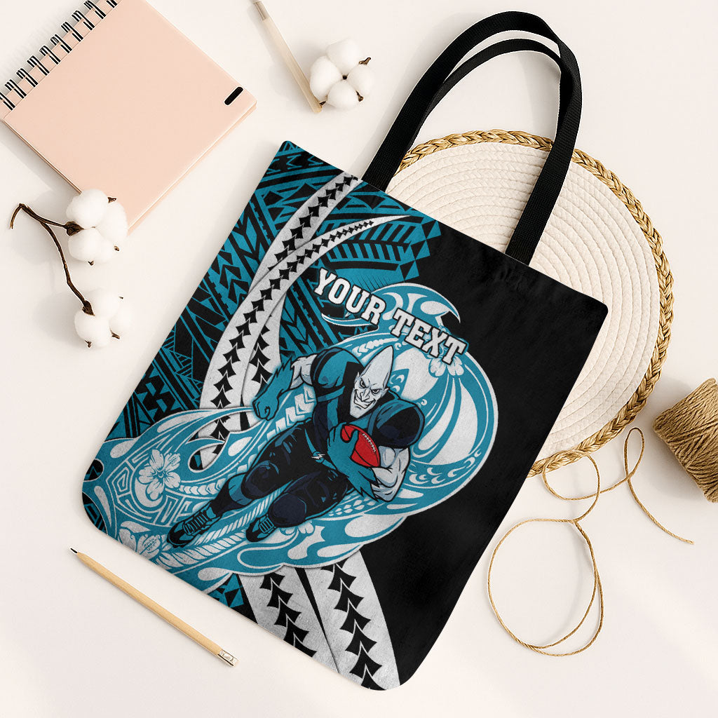 Personalized Port Adelaide Power Tote Bag Polynesian Tribal Lightning Bolt Mascot With Hibiscus Floral Art