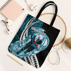Personalized Port Adelaide Power Tote Bag Polynesian Tribal Lightning Bolt Mascot With Hibiscus Floral Art