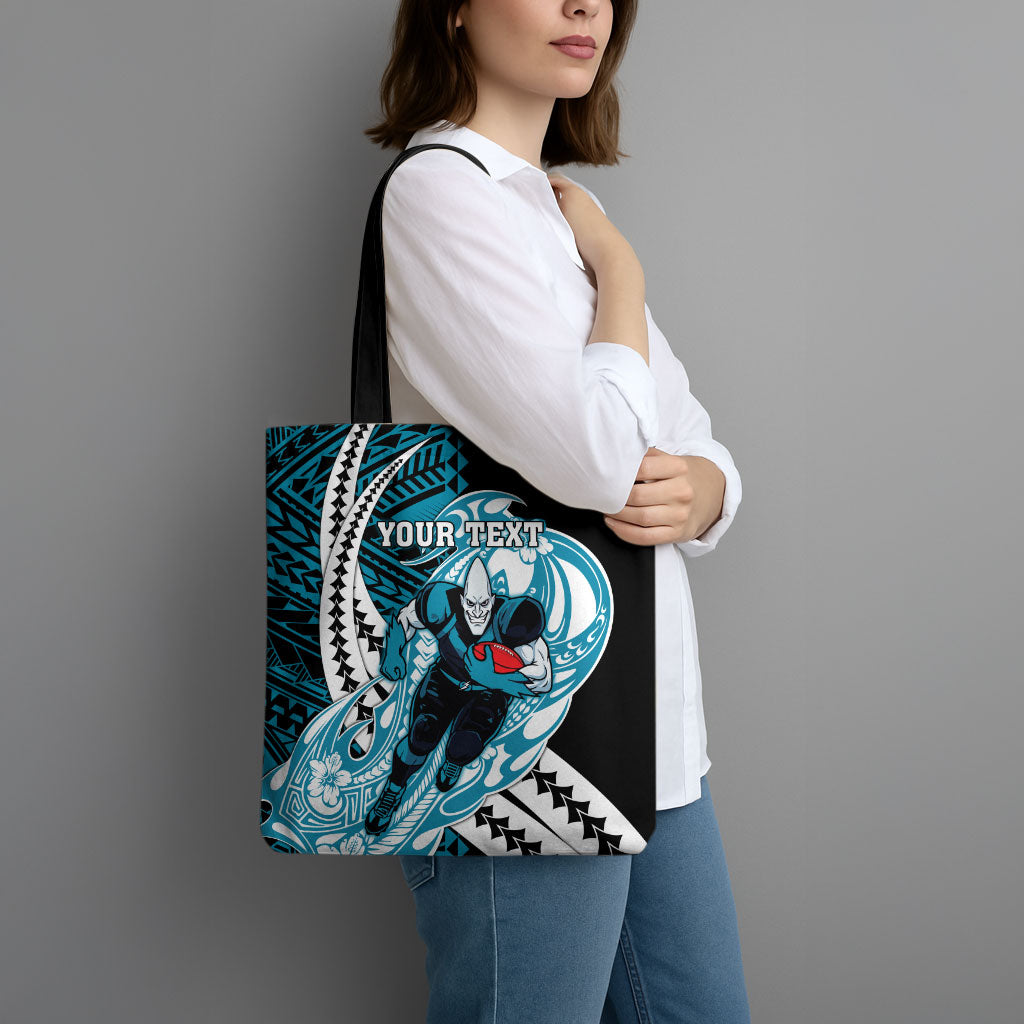 Personalized Port Adelaide Power Tote Bag Polynesian Tribal Lightning Bolt Mascot With Hibiscus Floral Art