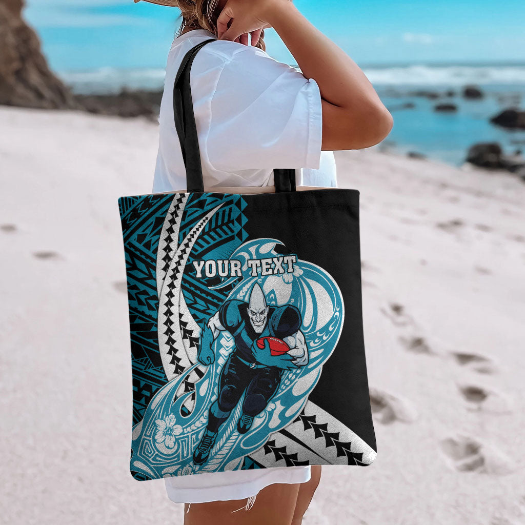 Personalized Port Adelaide Power Tote Bag Polynesian Tribal Lightning Bolt Mascot With Hibiscus Floral Art