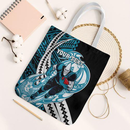 Personalized Port Adelaide Power Tote Bag Polynesian Tribal Lightning Bolt Mascot With Hibiscus Floral Art