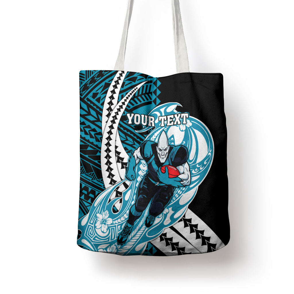 Personalized Port Adelaide Power Tote Bag Polynesian Tribal Lightning Bolt Mascot With Hibiscus Floral Art