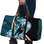 Personalized Port Adelaide Power Travel Bag Polynesian Tribal Lightning Bolt Mascot With Hibiscus Floral Art