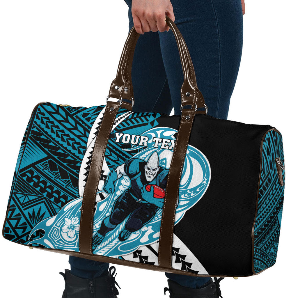 Personalized Port Adelaide Power Travel Bag Polynesian Tribal Lightning Bolt Mascot With Hibiscus Floral Art
