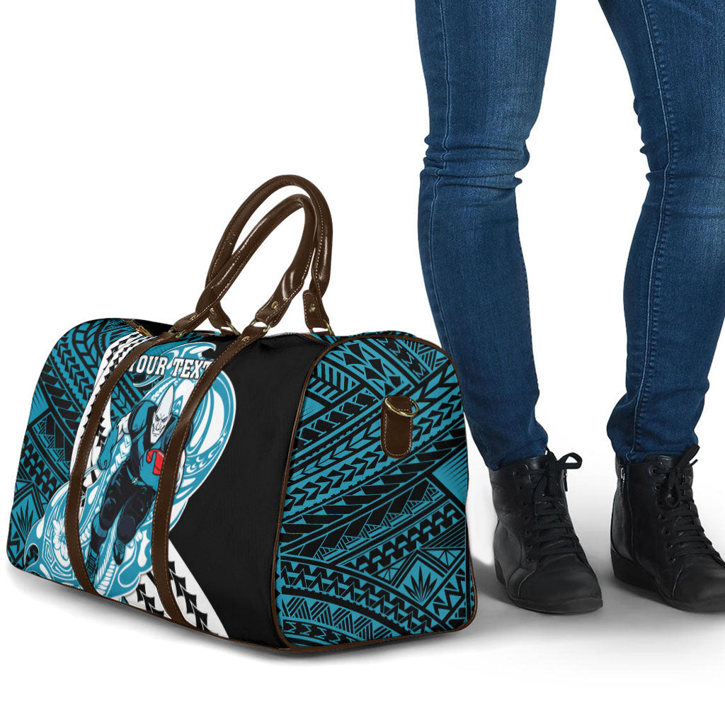 Personalized Port Adelaide Power Travel Bag Polynesian Tribal Lightning Bolt Mascot With Hibiscus Floral Art