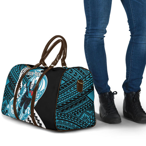 Personalized Port Adelaide Power Travel Bag Polynesian Tribal Lightning Bolt Mascot With Hibiscus Floral Art