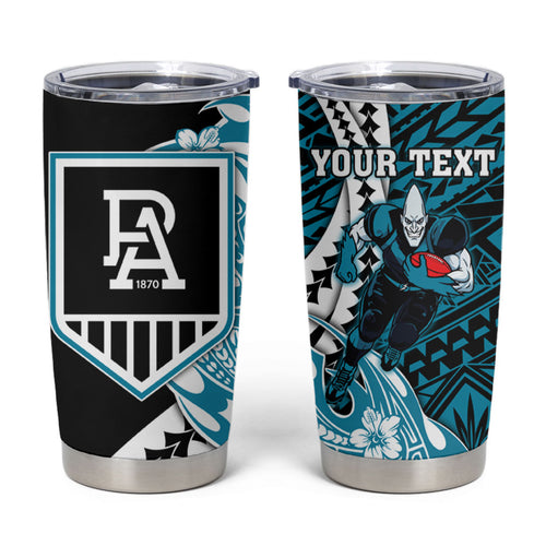 Personalized Port Adelaide Power Tumbler Cup Polynesian Tribal Lightning Bolt Mascot With Hibiscus Floral Art