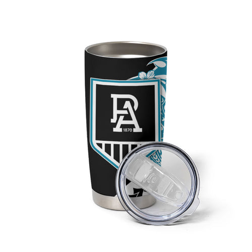 Personalized Port Adelaide Power Tumbler Cup Polynesian Tribal Lightning Bolt Mascot With Hibiscus Floral Art