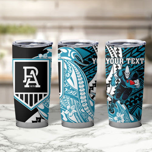 Personalized Port Adelaide Power Tumbler Cup Polynesian Tribal Lightning Bolt Mascot With Hibiscus Floral Art