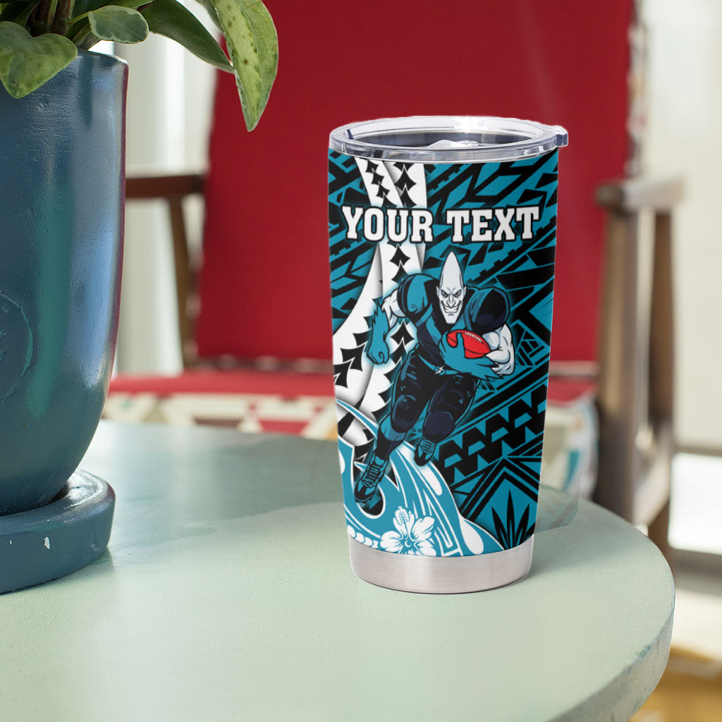 Personalized Port Adelaide Power Tumbler Cup Polynesian Tribal Lightning Bolt Mascot With Hibiscus Floral Art
