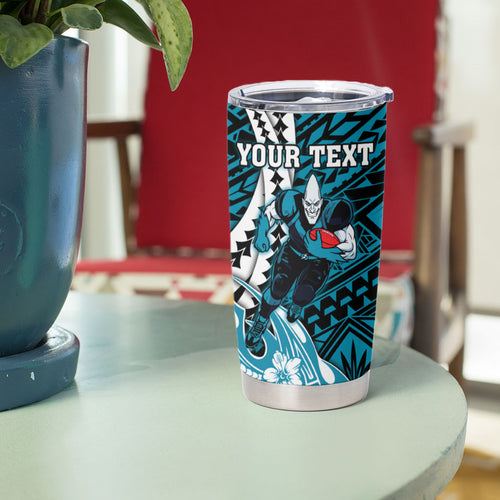 Personalized Port Adelaide Power Tumbler Cup Polynesian Tribal Lightning Bolt Mascot With Hibiscus Floral Art