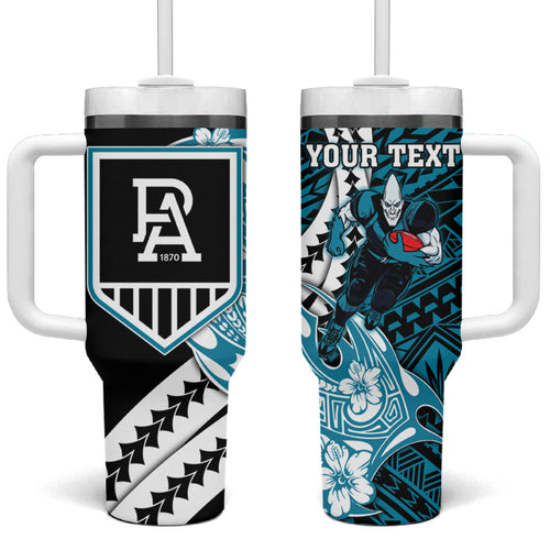 Personalized Port Adelaide Power Tumbler With Handle Polynesian Tribal Lightning Bolt Mascot With Hibiscus Floral Art