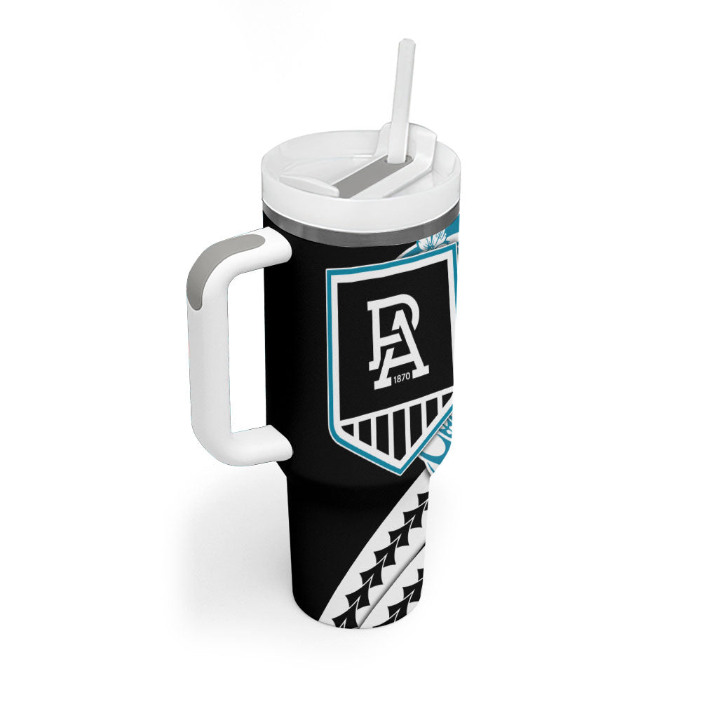 Personalized Port Adelaide Power Tumbler With Handle Polynesian Tribal Lightning Bolt Mascot With Hibiscus Floral Art