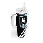 Personalized Port Adelaide Power Tumbler With Handle Polynesian Tribal Lightning Bolt Mascot With Hibiscus Floral Art