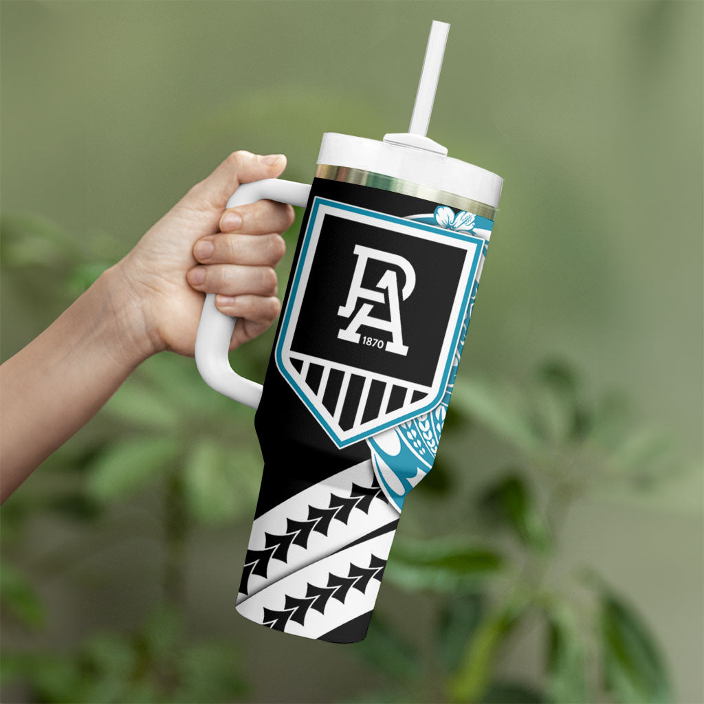 Personalized Port Adelaide Power Tumbler With Handle Polynesian Tribal Lightning Bolt Mascot With Hibiscus Floral Art