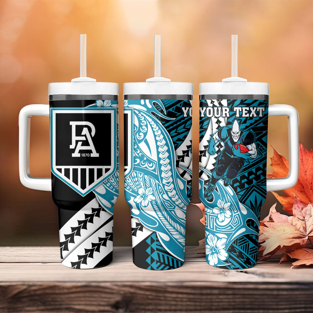 Personalized Port Adelaide Power Tumbler With Handle Polynesian Tribal Lightning Bolt Mascot With Hibiscus Floral Art