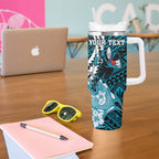 Personalized Port Adelaide Power Tumbler With Handle Polynesian Tribal Lightning Bolt Mascot With Hibiscus Floral Art