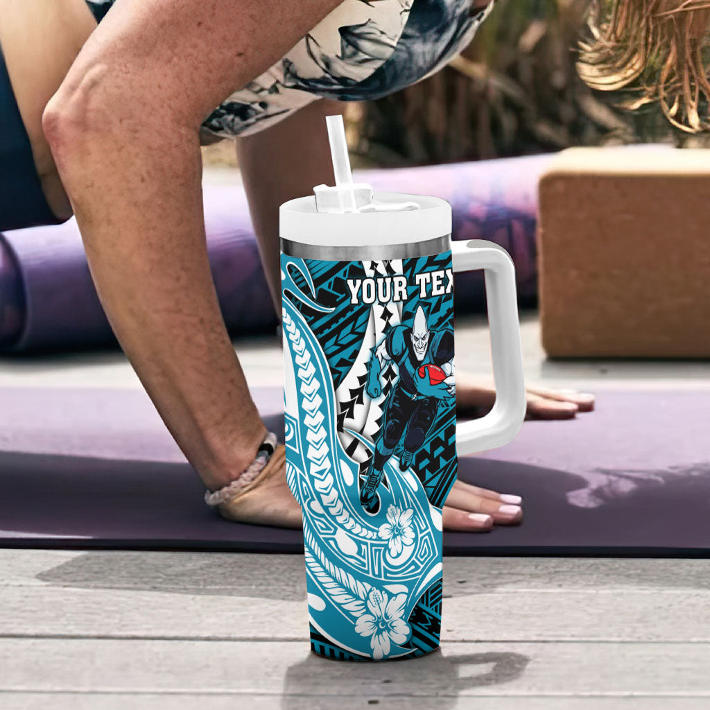 Personalized Port Adelaide Power Tumbler With Handle Polynesian Tribal Lightning Bolt Mascot With Hibiscus Floral Art