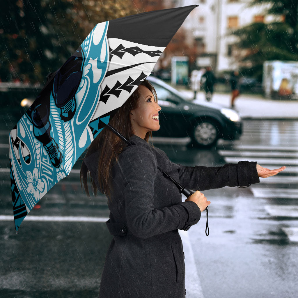 Personalized Port Adelaide Power Umbrella Polynesian Tribal Lightning Bolt Mascot With Hibiscus Floral Art