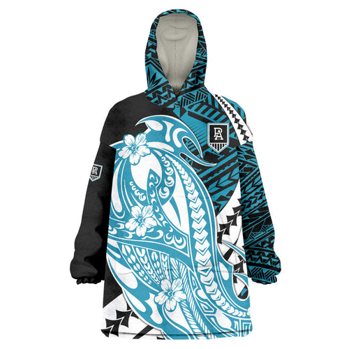 Personalized Port Adelaide Power Wearable Blanket Hoodie Polynesian Tribal Lightning Bolt Mascot With Hibiscus Floral Art