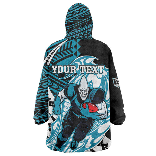 Personalized Port Adelaide Power Wearable Blanket Hoodie Polynesian Tribal Lightning Bolt Mascot With Hibiscus Floral Art