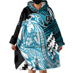 Personalized Port Adelaide Power Wearable Blanket Hoodie Polynesian Tribal Lightning Bolt Mascot With Hibiscus Floral Art